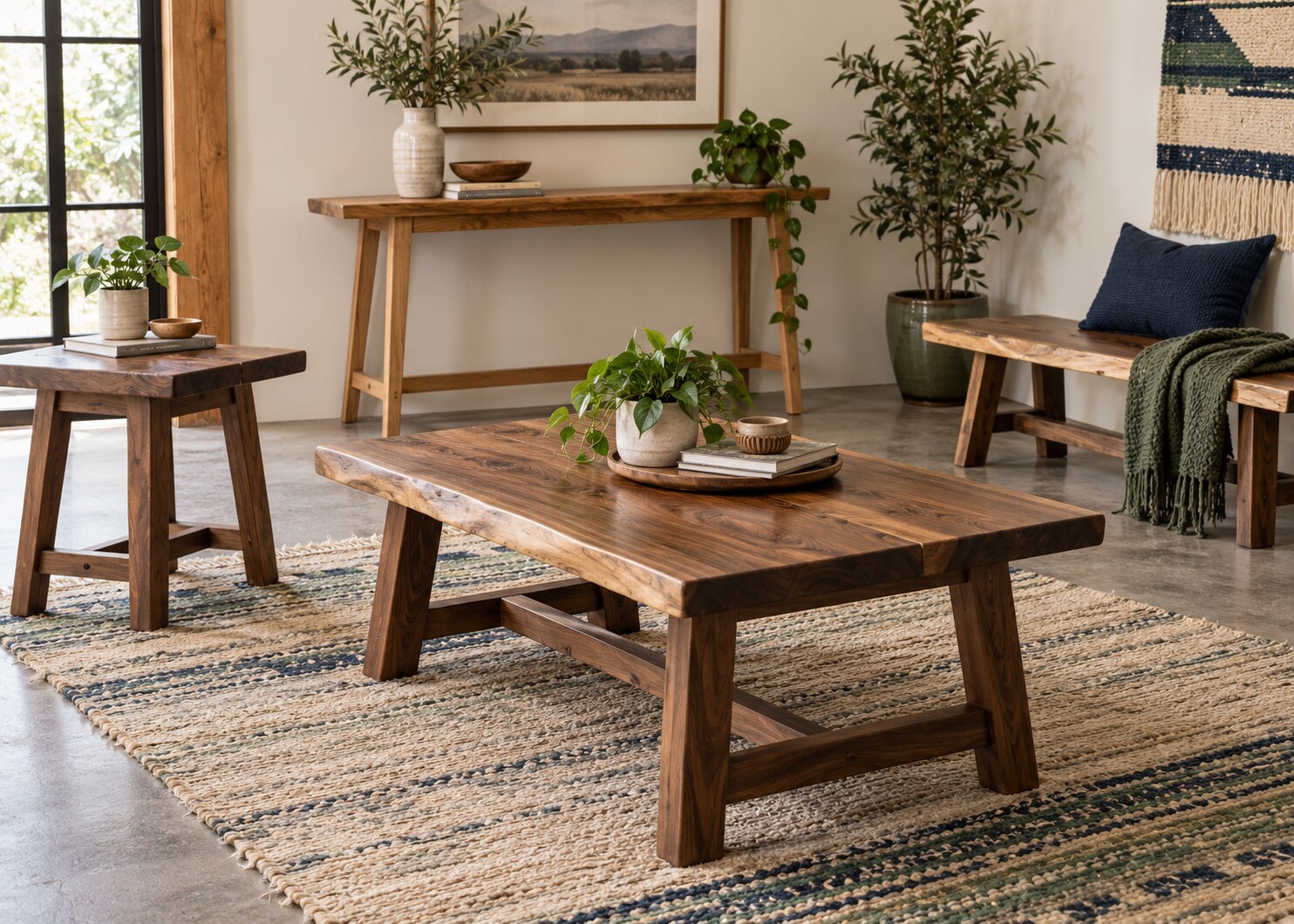 Custom coffee table, side table, entry table and bench collection